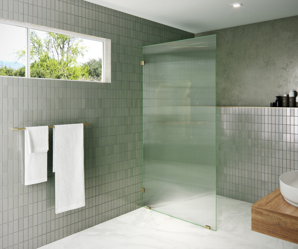 38"x78" Frameless Shower Door Single Fixed Panel Fluted, Satin Brass