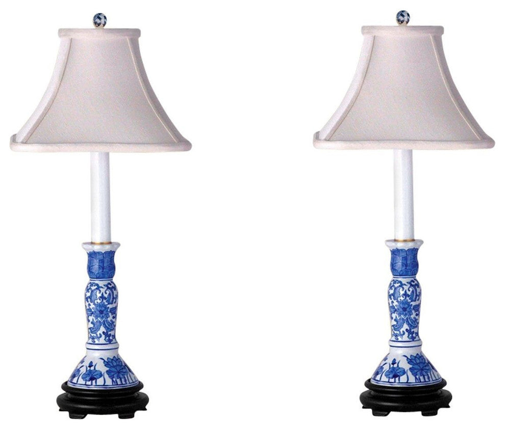 Blue and White Set of 2, Porcelain Candlestick Holder Table Lamp 25"