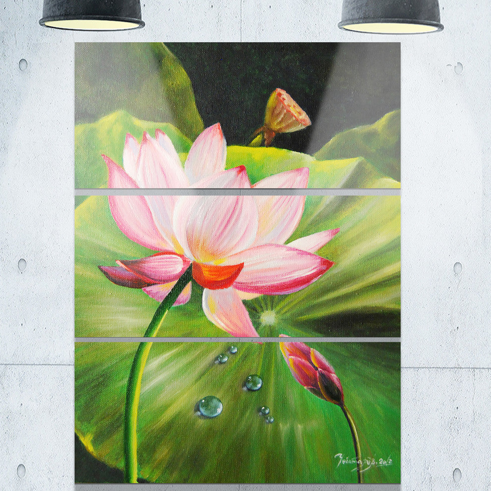 "Lotus and Water drops" Painting Metal Wall Art, 3 Panels, 28"x36"