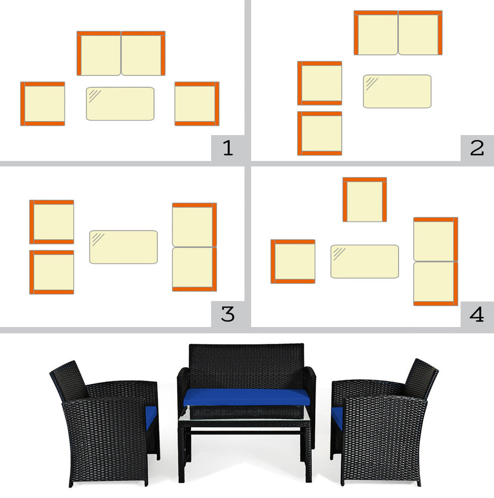 Costway 4PCS Patio Rattan Furniture Conversation Set Cushion Sofa Table Garden