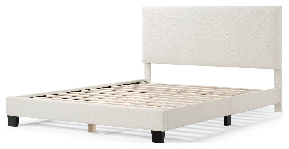 Miles White Boucle Upholstered Wood Frame Platform Bed, Queen, Simple Standard