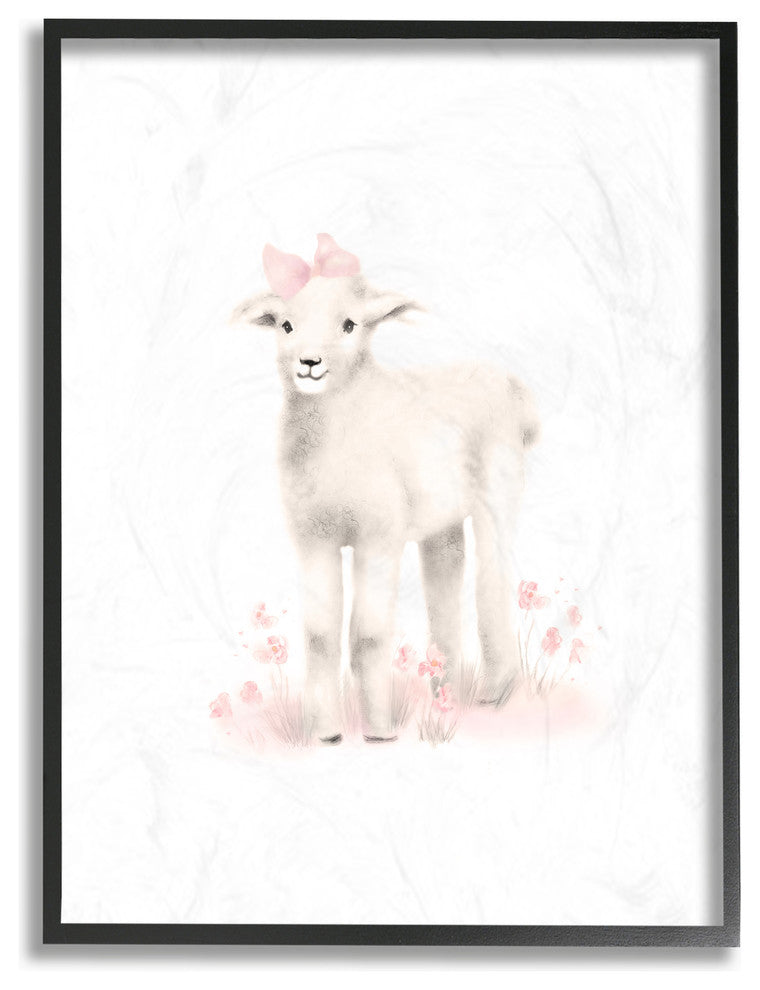 "Sweet Baby Lamb With Pink Bow" 11x14, Framed Giclee Texturized Art