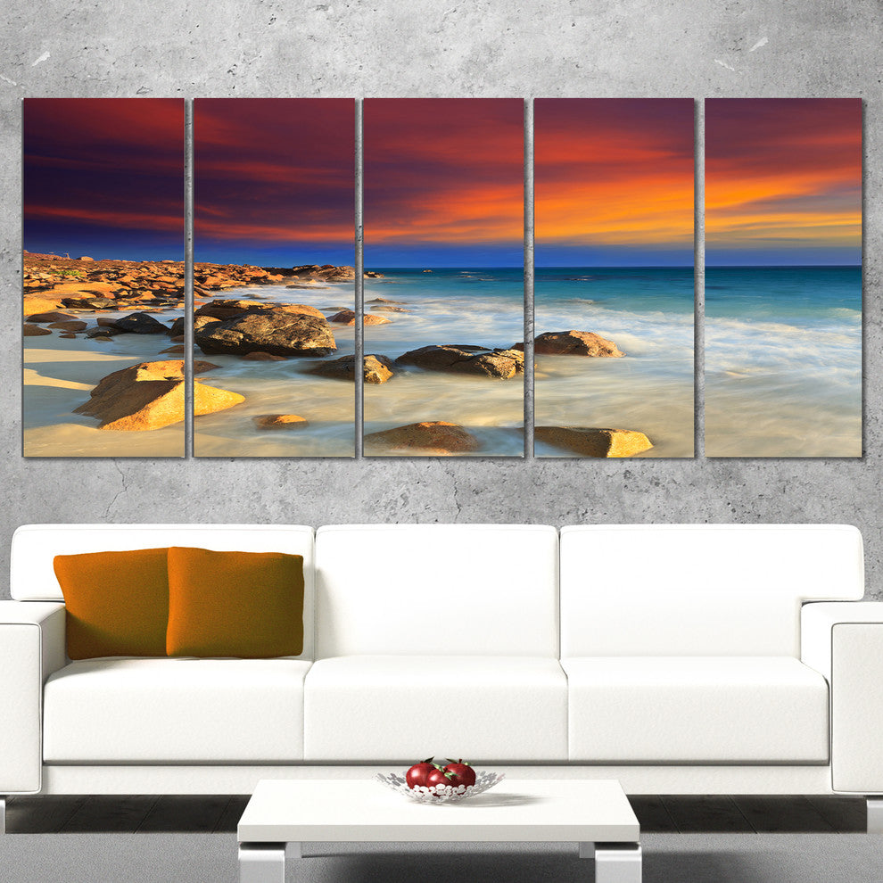 "Beach With Stones On Foreground" Seascape Art Canvas, 5 Panels, 60"x28"