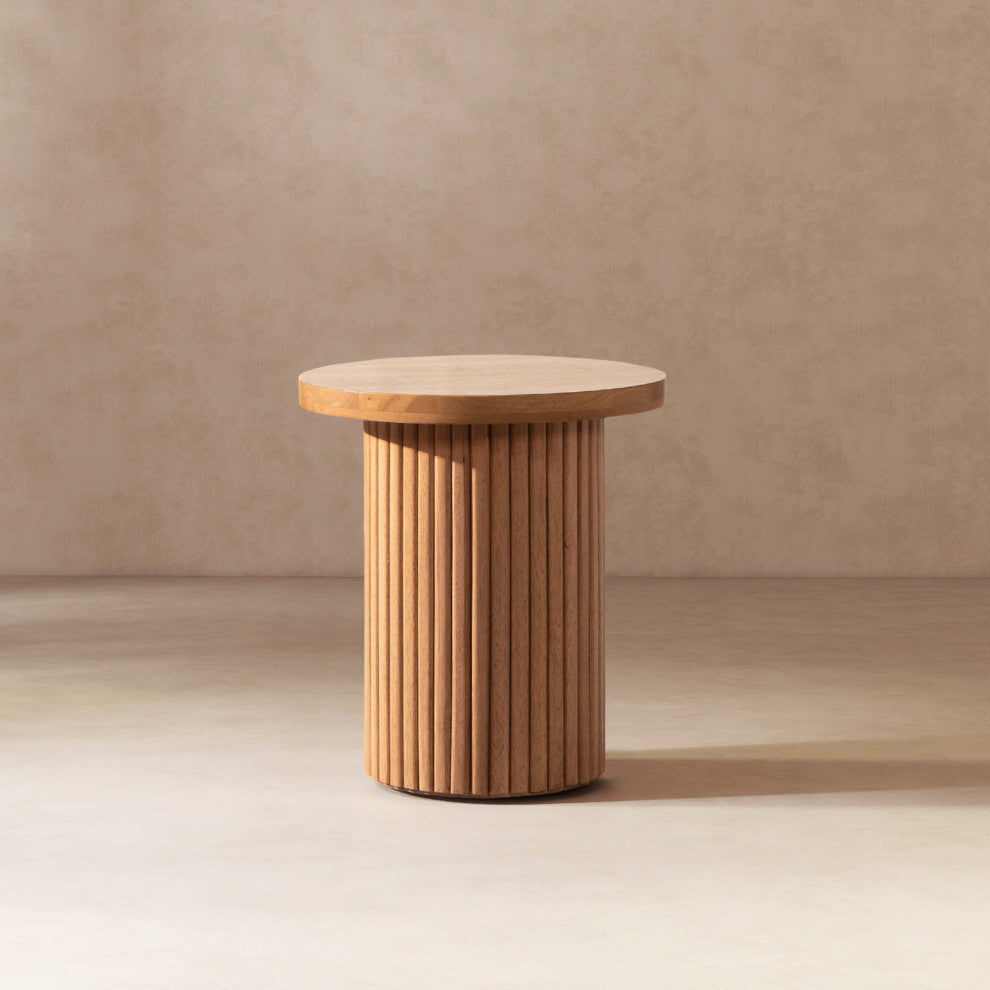 Kenzie 19.5" Fluted Pillar Round Accent Side Table, Light Natural Brown