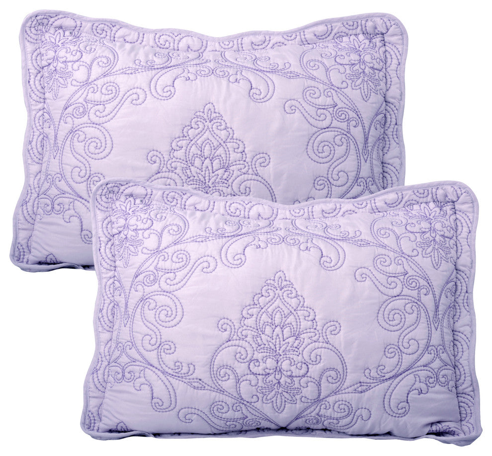 Damask Embroidered Quilted 4 Piece Bed Spread Sets, Lavender, King