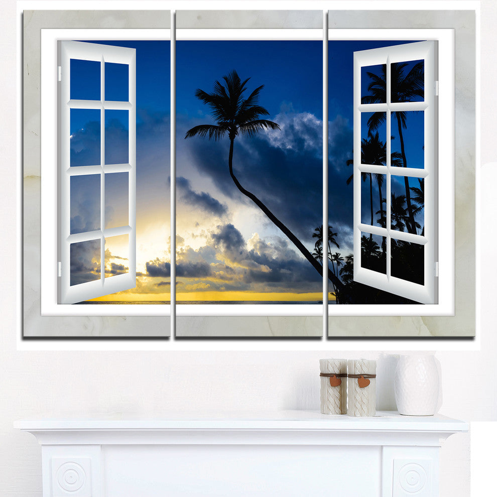 "Window to Beach With Coconut Palms" Metal Wall Art, 3 Panels, 36"x28"