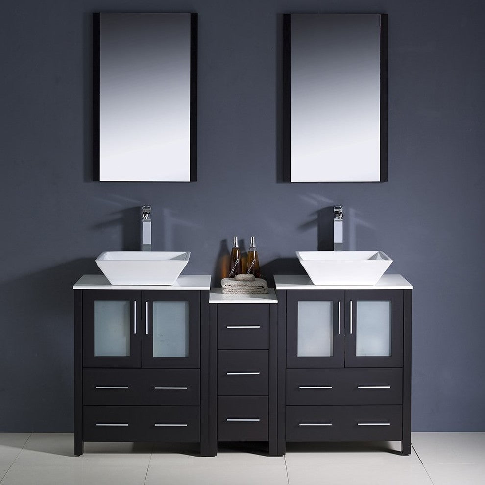 Torino 60" Espresso Modern Double Sink Bathroom Vanity, Faucet FFT9152CH