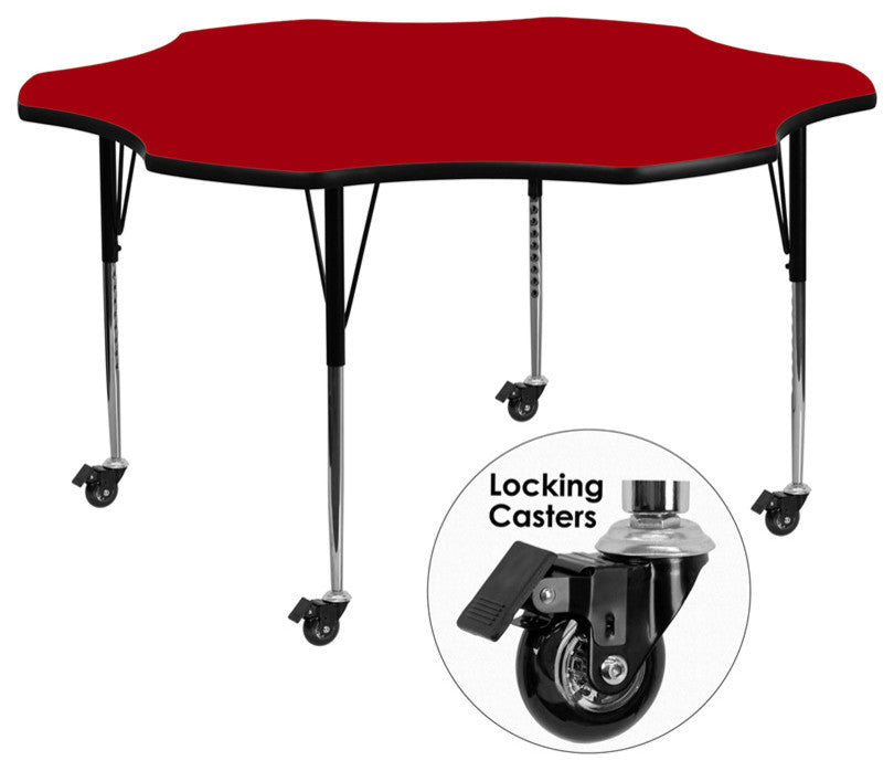 Mobile 60" Flower Red Thermal Laminate Activity Table Adjustable Legs