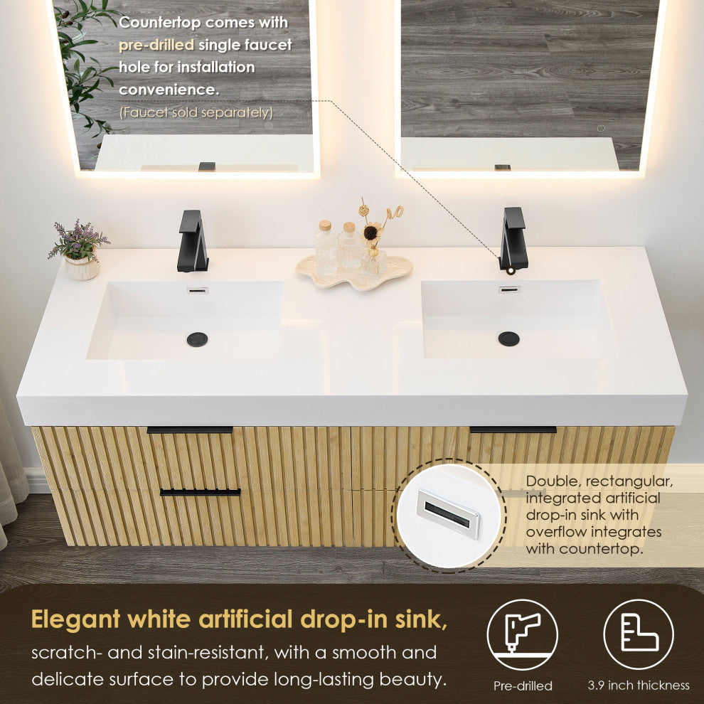 Livia Wall-mounted Bathroom Vanity, Nature Brown, 60inch, No Mirror