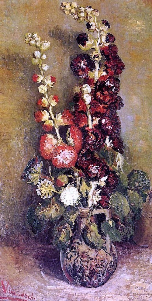 Vincent Van Gogh Vase with Holyhocks Premium Canvas Print