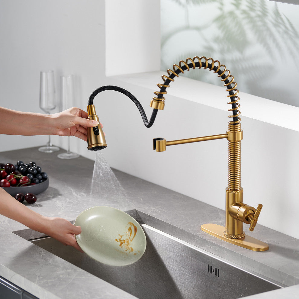 Single Handle Kitchen Faucet Pull-Down Sprayer, 360 Swivel, Three Functions, Brushed Gold