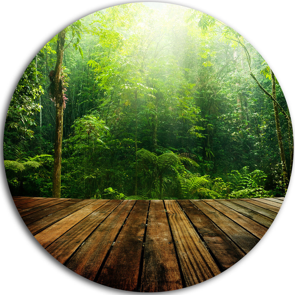 Green Forest With Ray Of Light, Landscape Photo Disc Metal Artwork, 36"