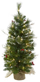 3' Christmas Tree With Clear Lights Berries and Burlap Bag