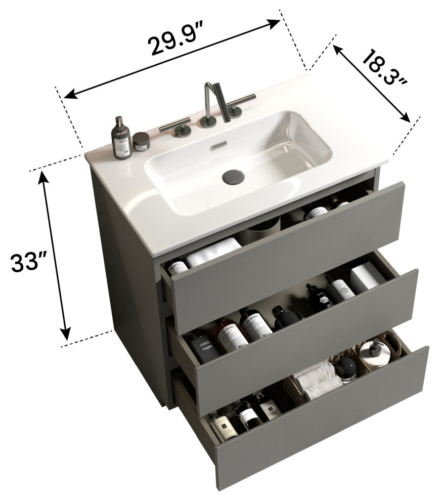 Freestanding Bathroom Vanity Set with White Ceramic Sink Basin, Gray, 30"