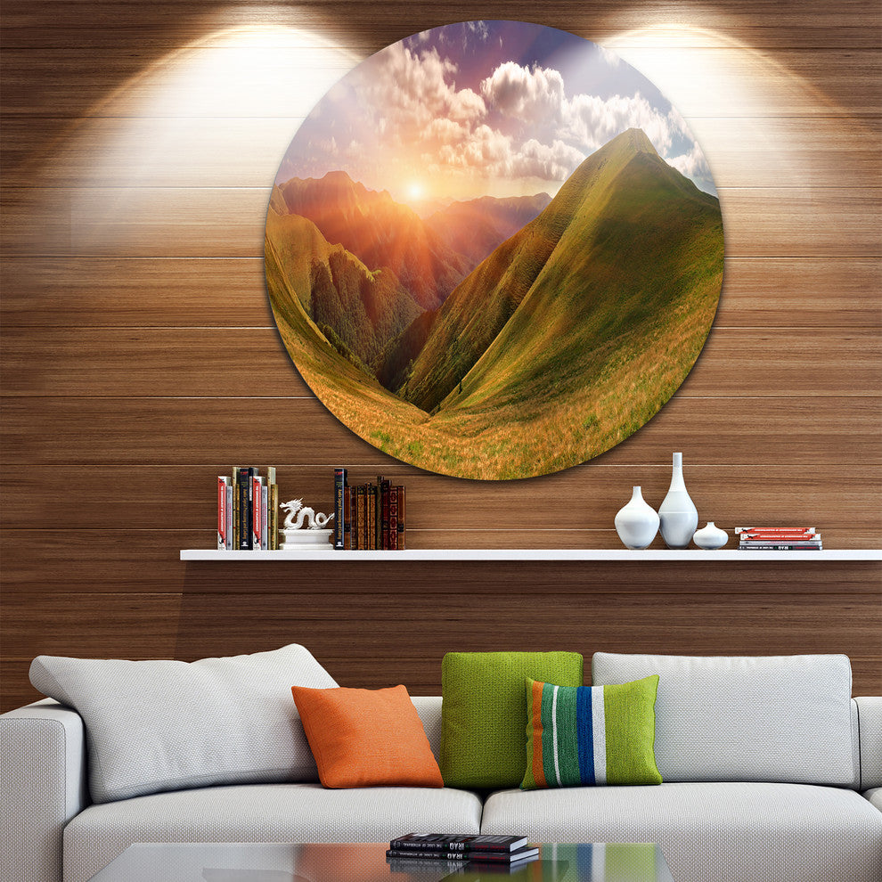 Sunrise Over Green Mountains, Landscape Photo Round Wall Art, 23"