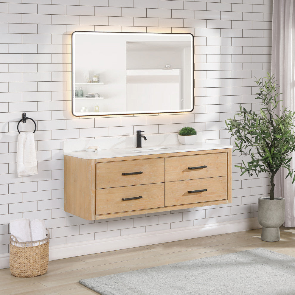 Cristo Floating Bath Vanity With Stone Top, Fir Wood Brown, 55in., No Mirror