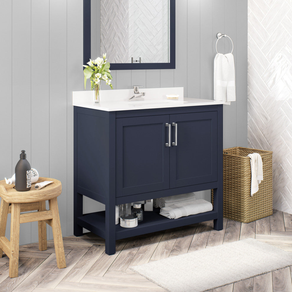 Ove Decors Vegas Single Sink Bathroom Vanity Set With Countertop, White, Midnight Blue, 36"