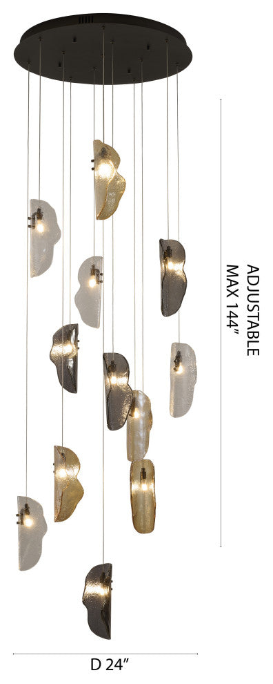 12-Light Black Chandelier With Clear, Smoke, And Amber Glass Accents
