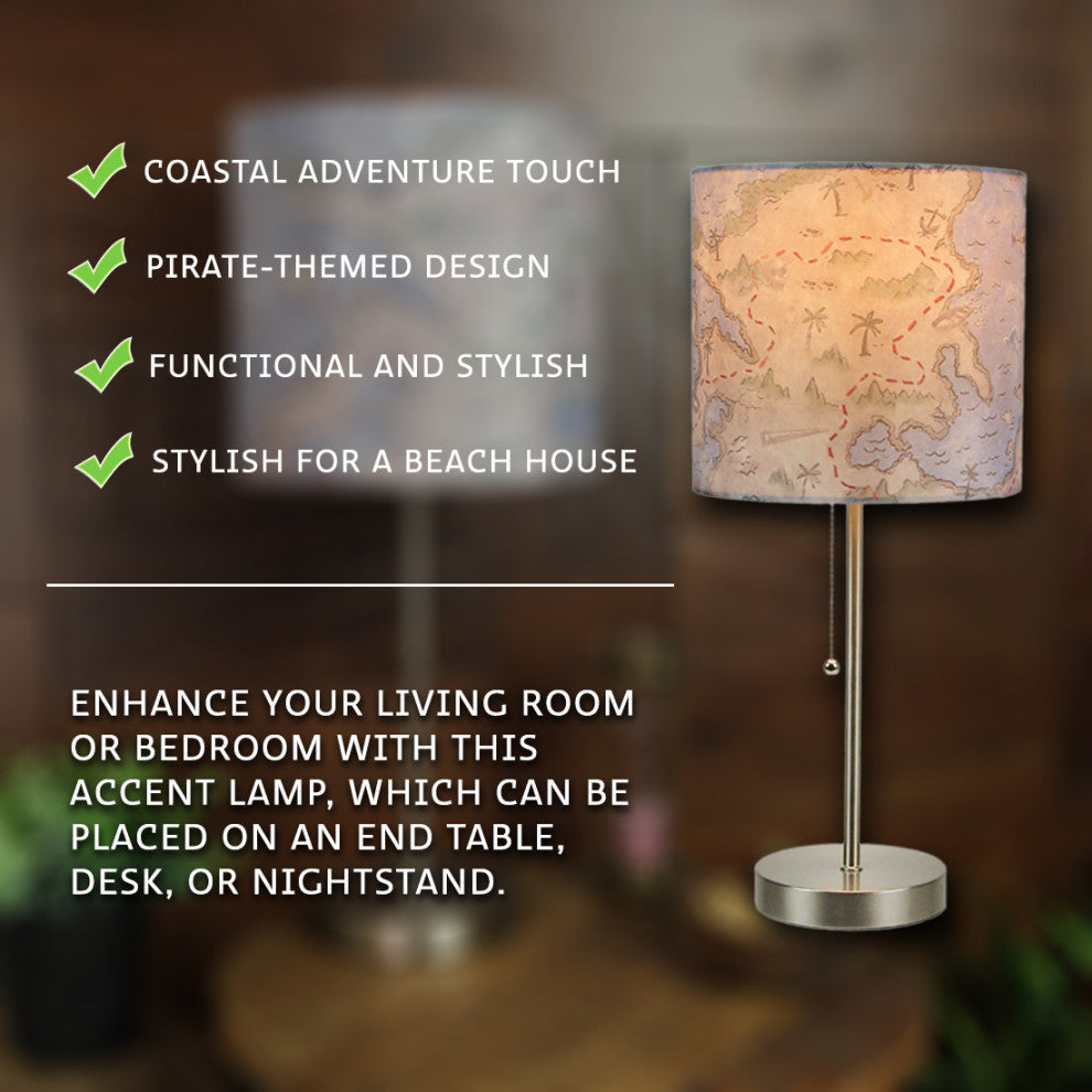 Decorative Treasure Map Brushed Nickel Accent Lamp Coastal Pirate Beach Set of