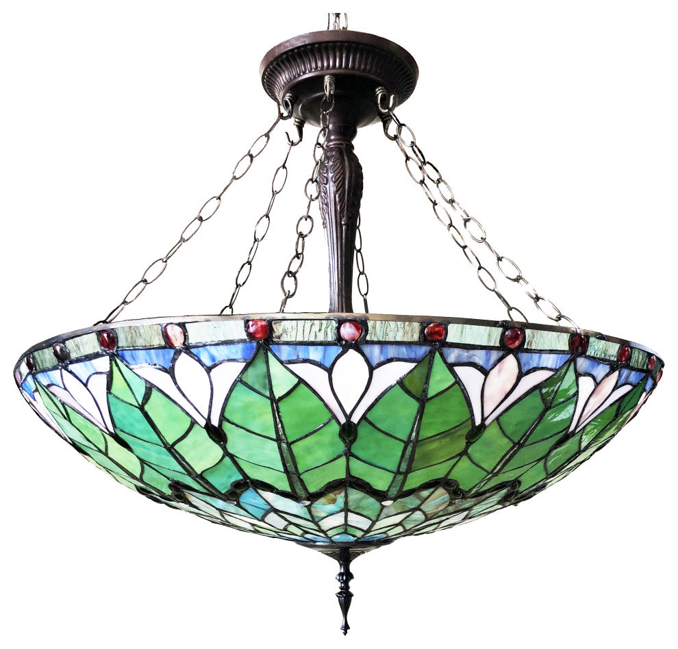 LOTUS Tiffany-Style Geometric Stained Glass Inverted Ceiling Pendant, 28"