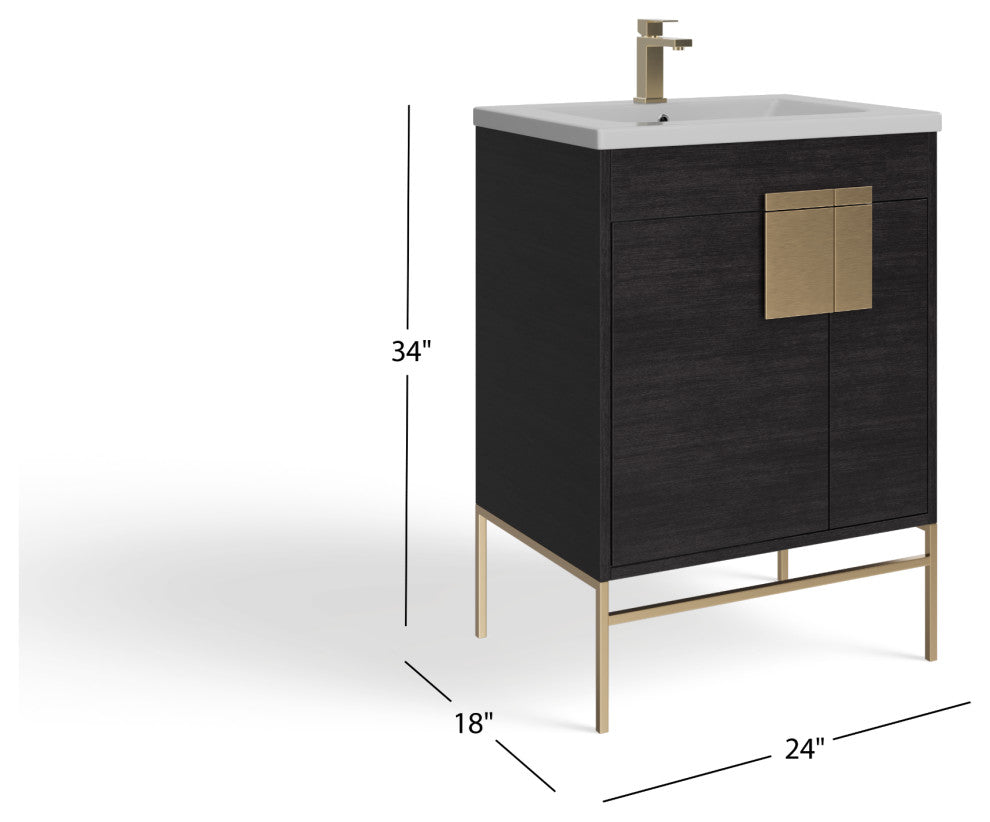 Lockhart Bath Vanity, Black Oak, 24", Satin Brass Hardware, Single Sink, Freestanding