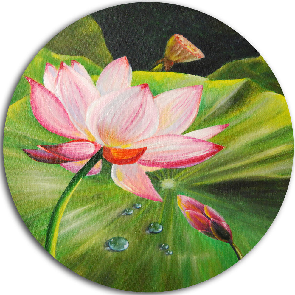 Lotus And Water Drops, Floral Painting Disc Metal Wall Art, 36"