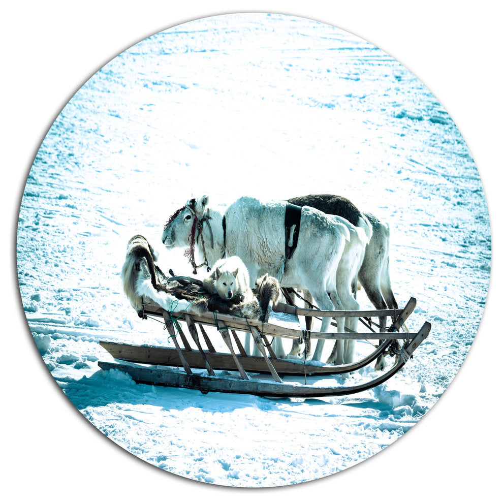 Dogs On Reindeer Sleigh, Animal Round Metal Wall Art, 23"