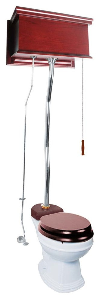 High Tank Toilets White Flat Panel Cherry Finish Round Z-Pipe, White, Chrome, Cherry