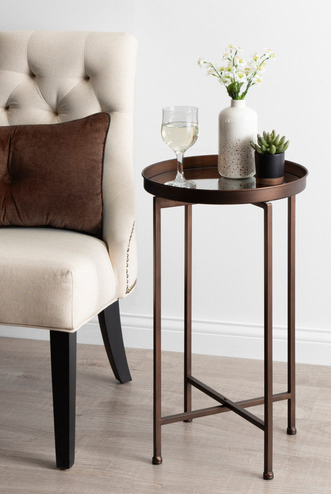 Celia Round Metal Foldable Tray Accent Table, Bronze 14x14x25.75