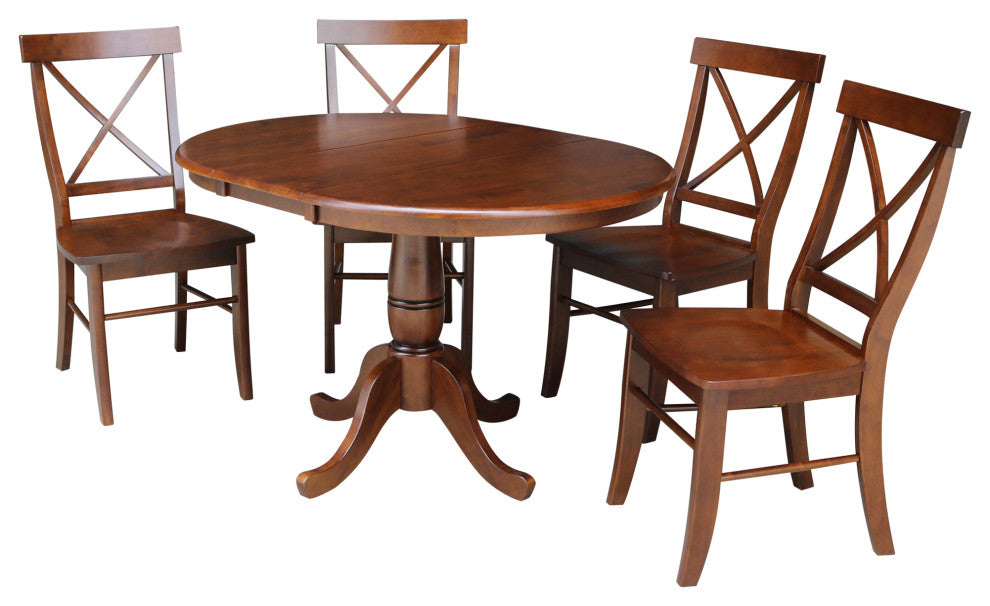 36" Round Top Pedestal Ext Table With 12" Leaf And 4 X-Back Chairs
