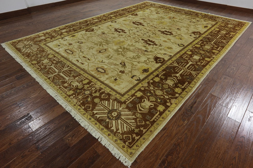 Antique Signed Oriental Peshawar Ivory Hand-Knotted Oushak Wool Rug, 10'x14'