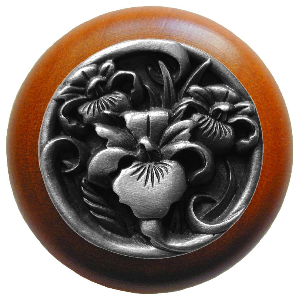 River Iris Wood Knob, Antique Brass, Cherry Wood Finish, Antique Pewter