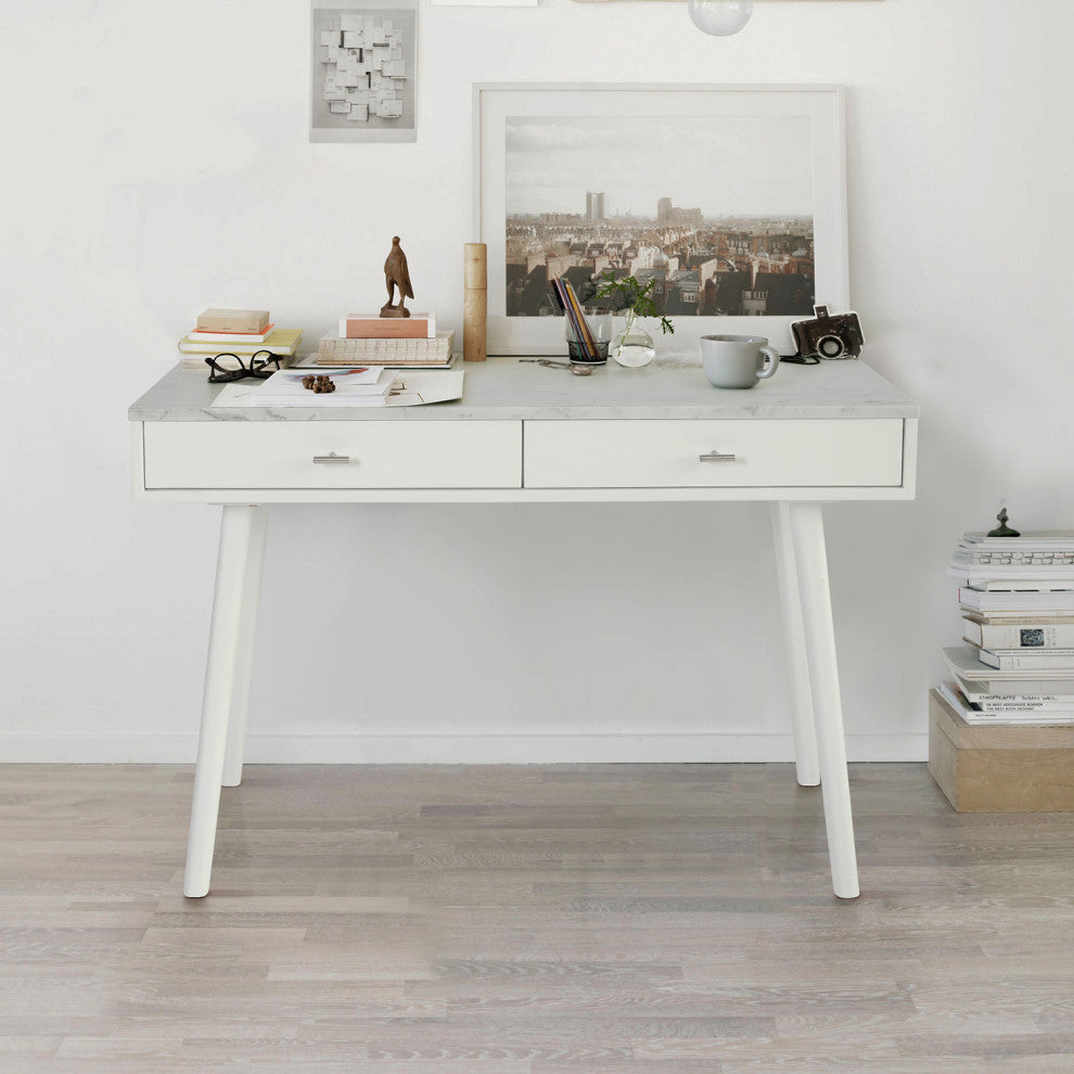Viola 44" Rectangular Italian Carrara White Marble Writing Desk, White, 18" Wide