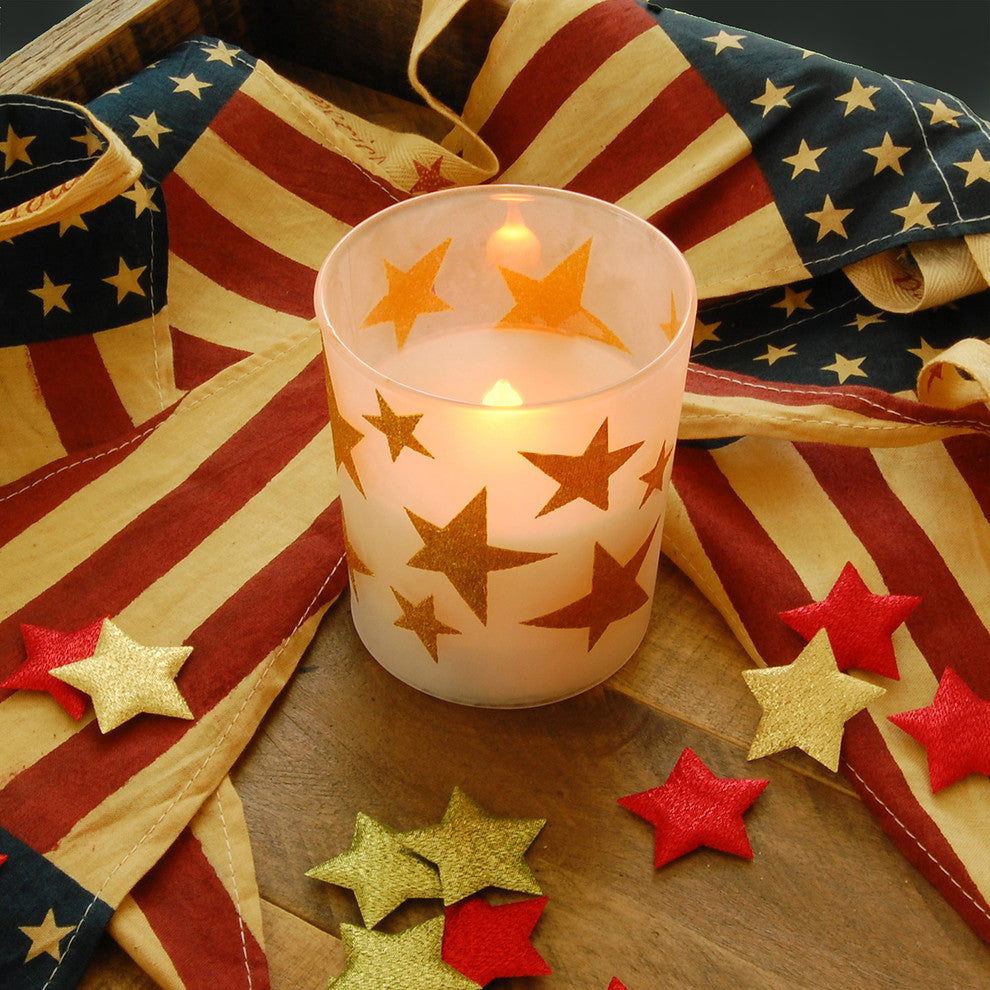 Battery Operated LED Wax Candles in Glass Holders, Gold Stars, Set of 2