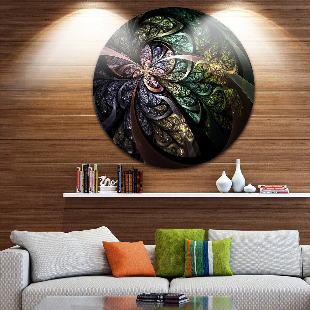 Brown Blue Fractal Flower Digital Art, Floral Disc Metal Wall Art, 36"