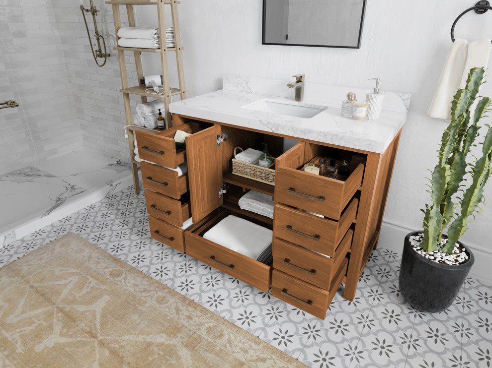 Malibu Teak 48 Single Sink Bath Vanity in Golden Teak 2" Carrara Marble