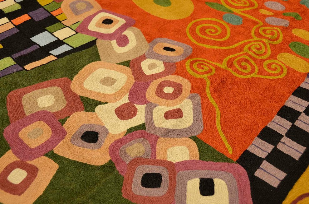 Klimt 5ft x 7ft Green Art Nouveau Wool Rug / Wall Tapestry Hand Embroidered