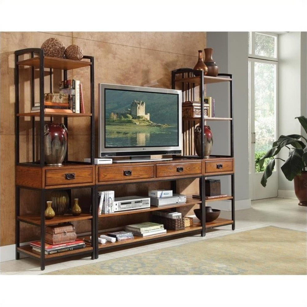 Homestyles Modern Craftsman Wood Media Stand in Brown Oak