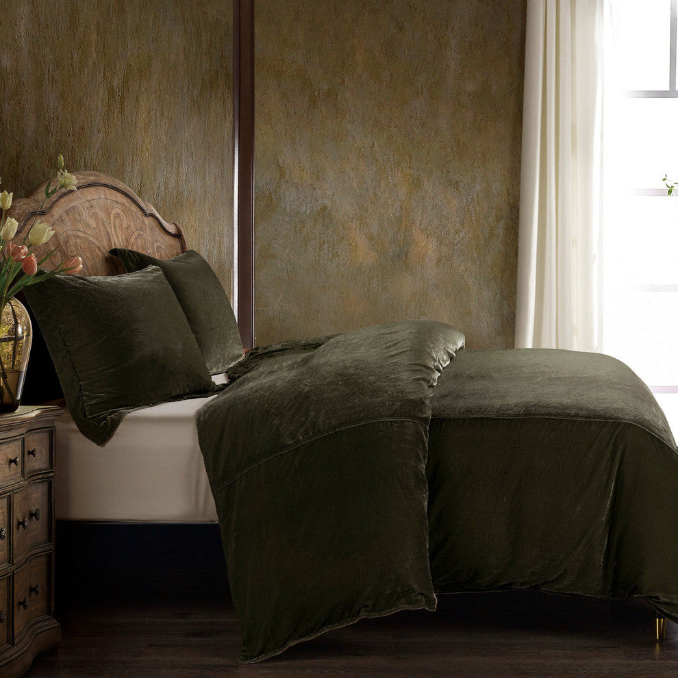 Stella Faux Silk Velvet Duvet Cover Set, 3PC, Fern Green, Queen