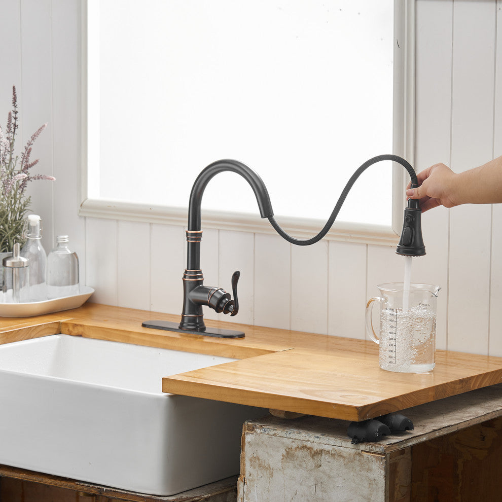 Wellfor Single Level Stainless Steel Kitchen Sink Faucet With Pull down Sprayer, Oil Rubbed Bronze