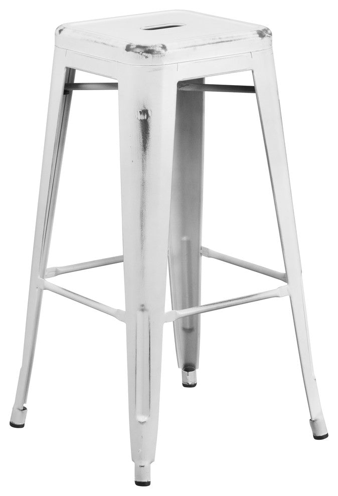 30" High Backless Distressed White Metal Indoor-Outdoor Barstool