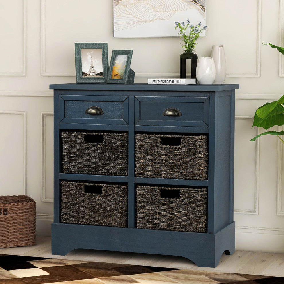 28" Wood 2 Drawers Storage Cabinet with 4 Rattan Basket, Antique Navy, 28" Tall