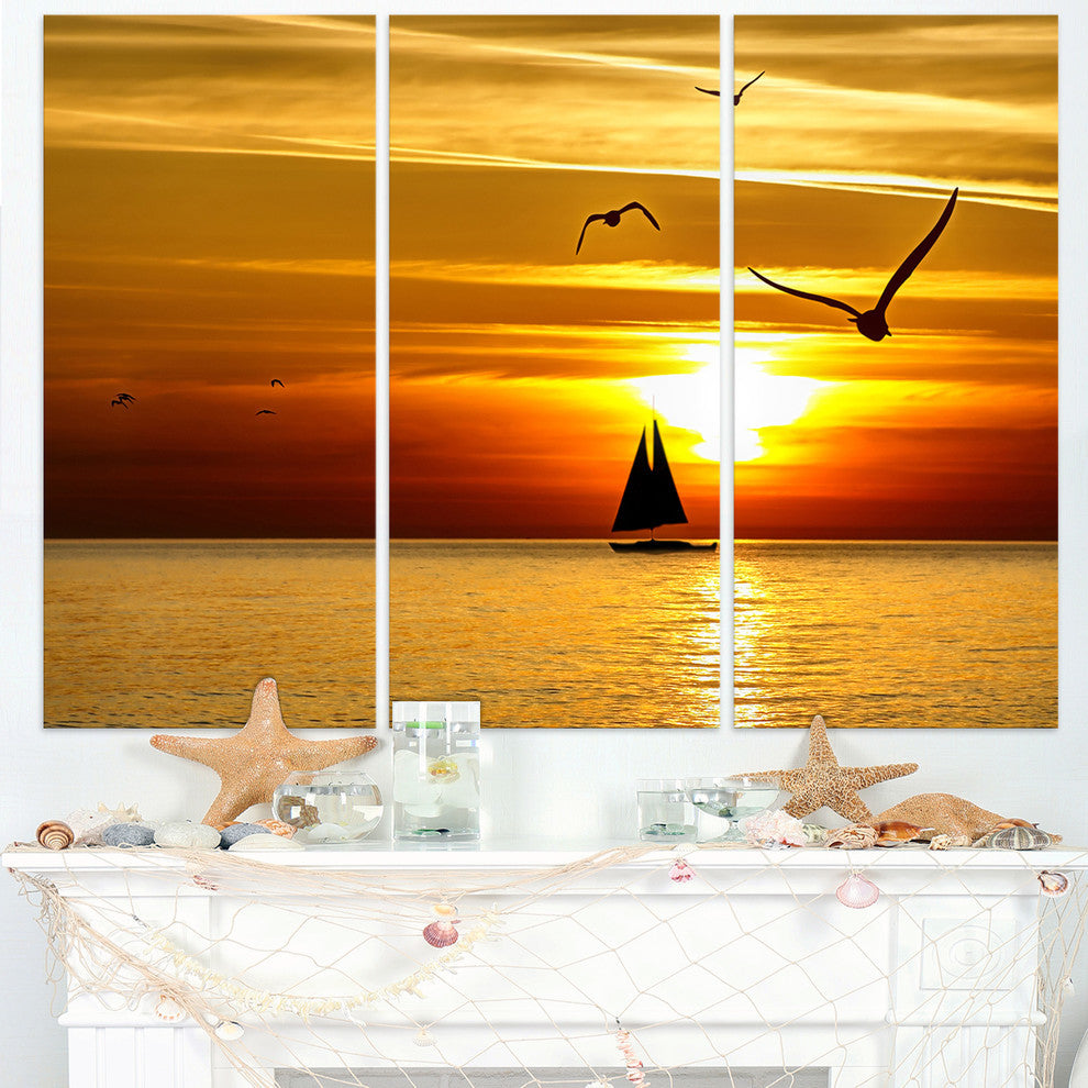"Bright Yellow Beach With Birds" Metal Wall Art, 3 Panels, 36"x28"