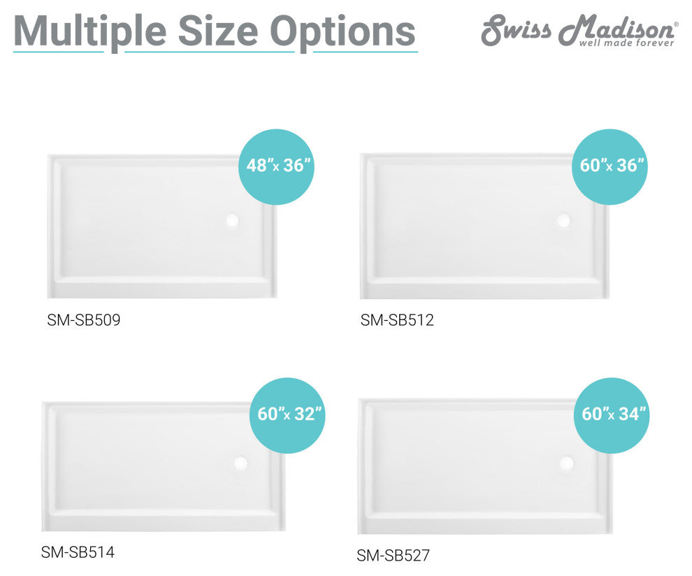 Voltaire 60"x34" Acrylic White, Single-Threshold, Shower Base, Right Side Drain