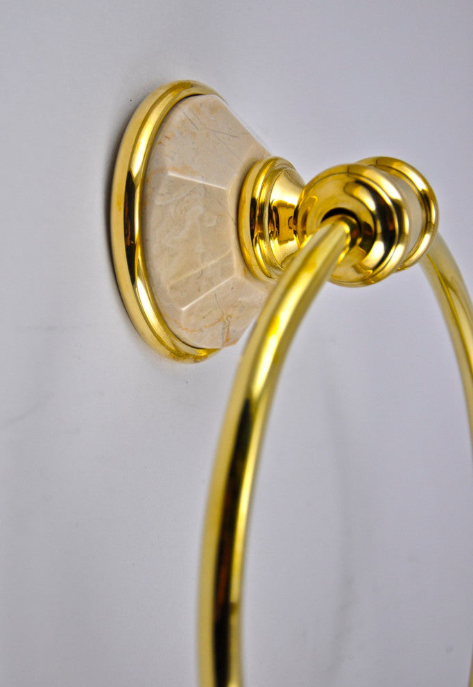 Towel Ring With Botticino Marble Accents, Unlacquered Bronze