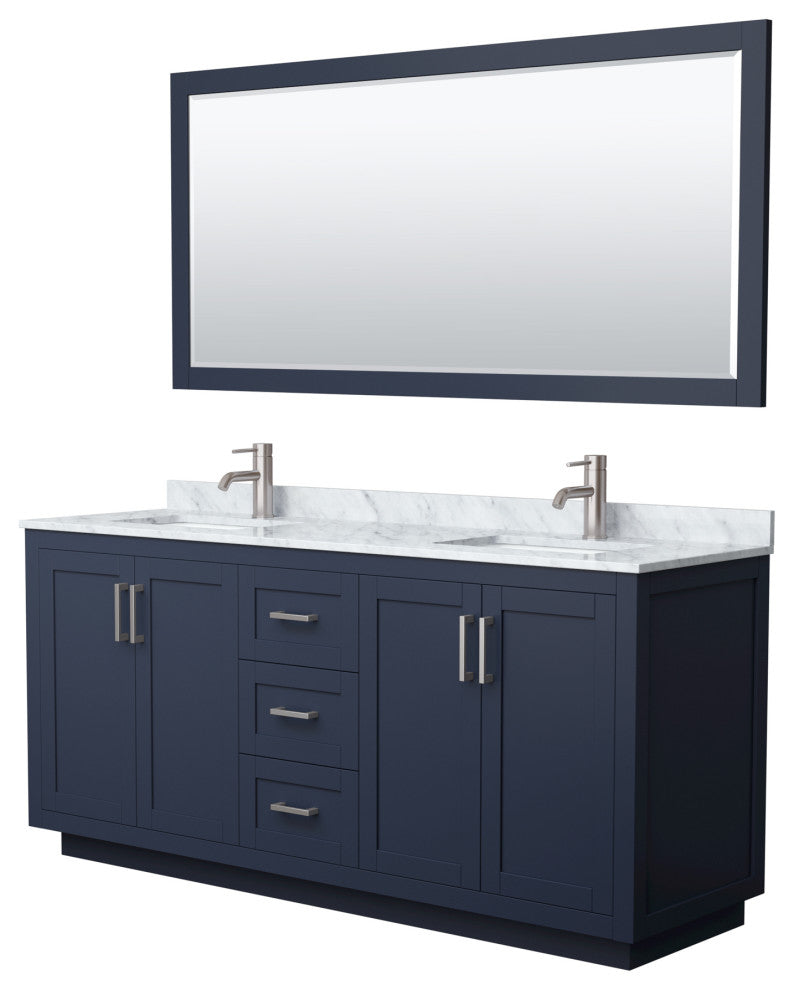 72"DBL Vanity Dark Blue, Carrara Countertop, Sinks, Nickel Trim, 70"Mirror