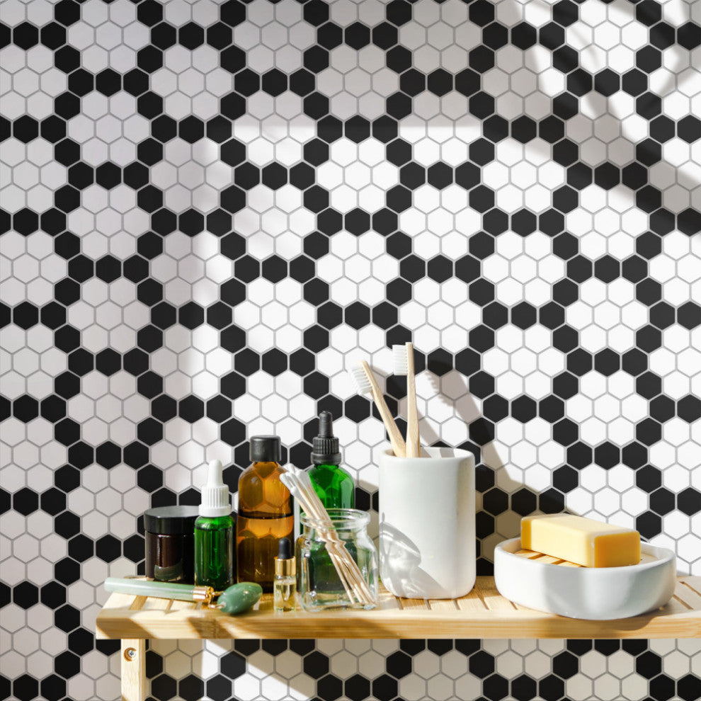 Metro 1" Hex Porcelain Mosaic Floor and Wall Tile, Wht Blk Hncom
