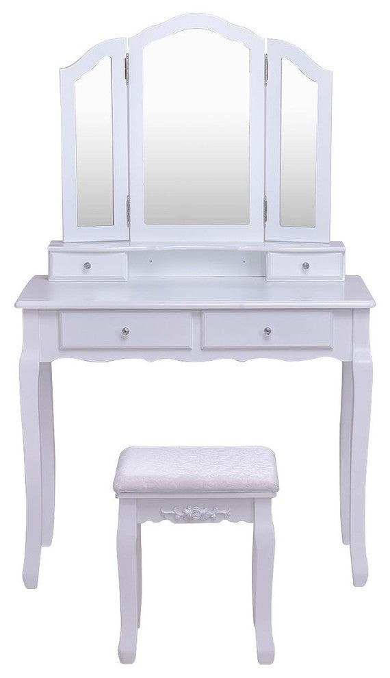 Compact Style Tri-Folding Mirror Vanity Table Stool Set With 4 Drawers, White