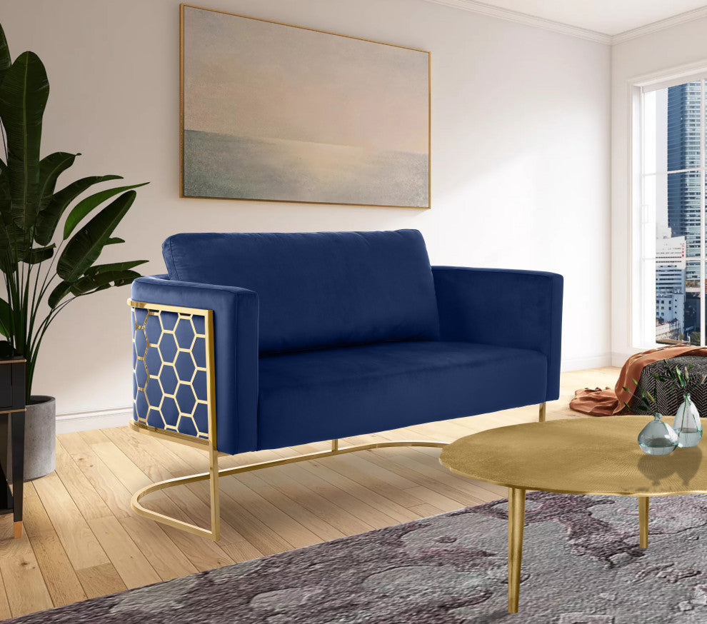 Casa Velvet Upholstered Loveseat, Navy, Gold Finish