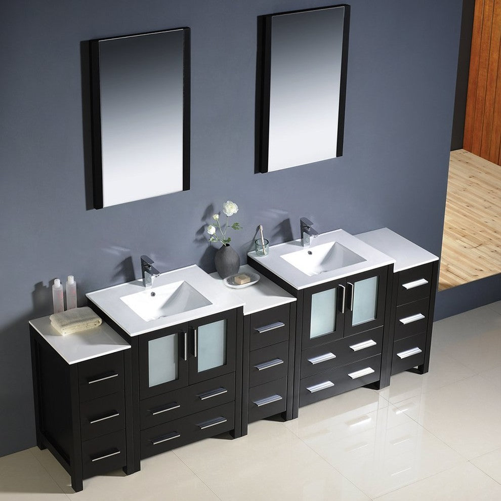 Torino 84" Espresso Modern Double Sink Bathroom Vanity, Faucet FFT1040CH